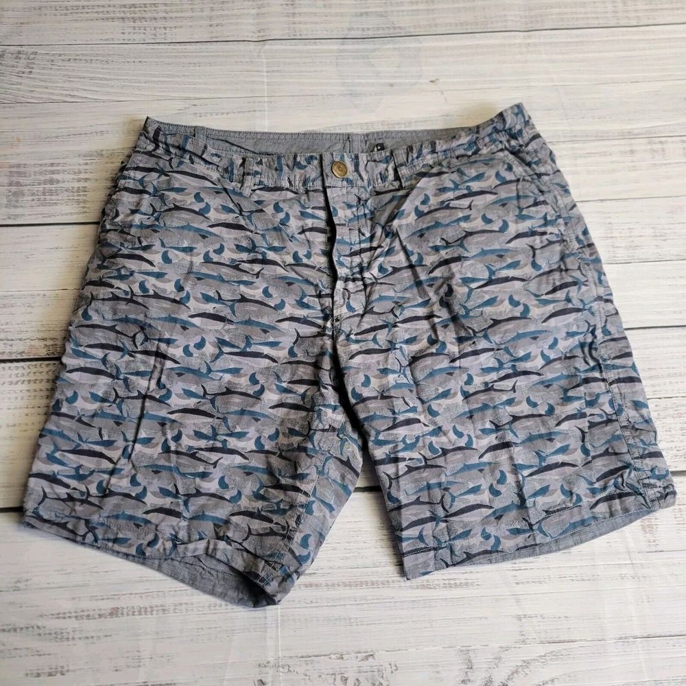 Reyn Spooner‎ Mens Blue Gray AOP Fish Print Reversible Shorts Size 34 Cotton